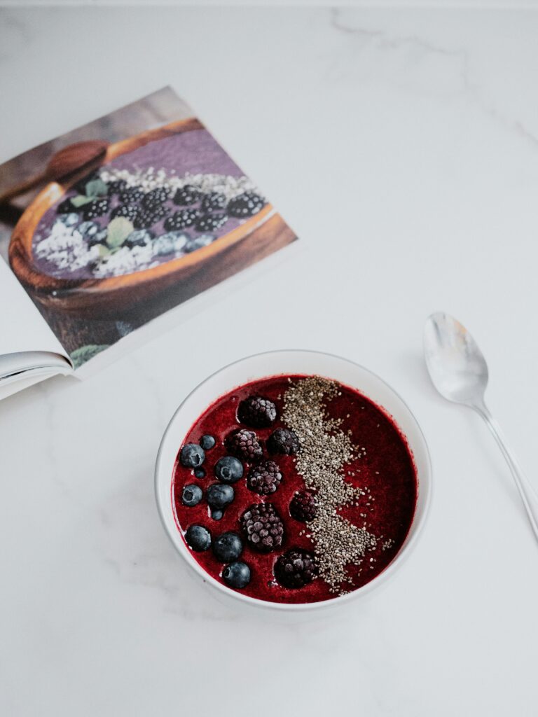Cookbook with blackberry chia breakfast bowl